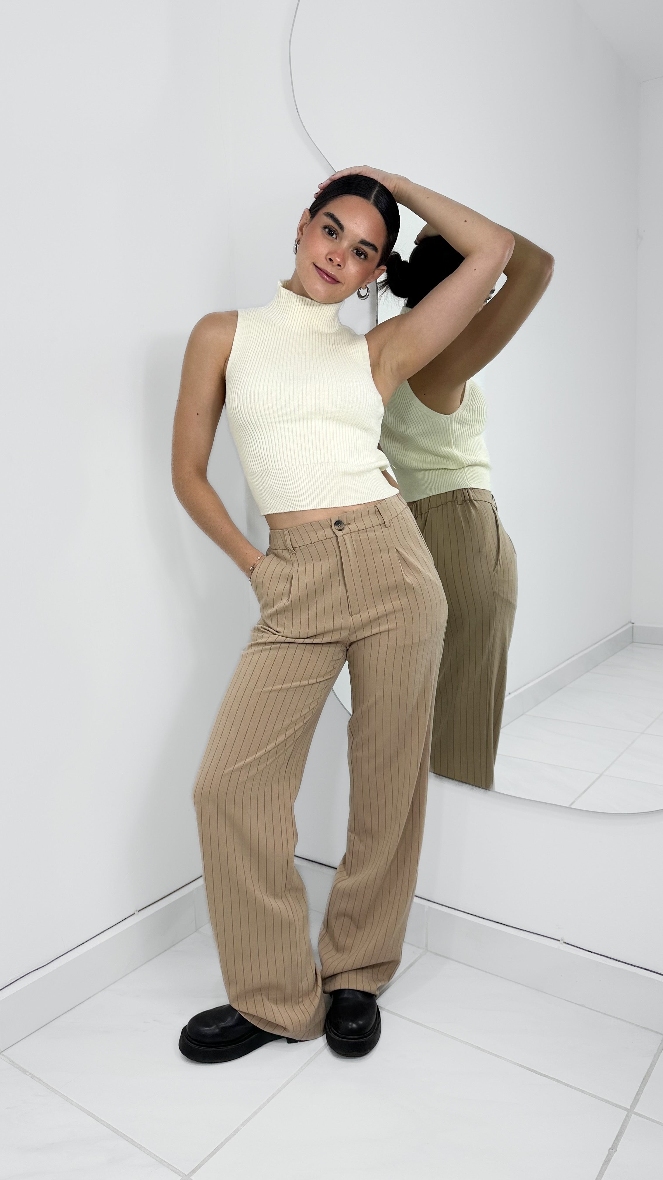 B STRIPED HIGH WAISTED PANTS - KHAKI