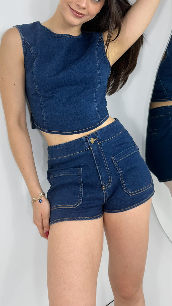 DENIM TRENDY SHORTS TIRO ALTO