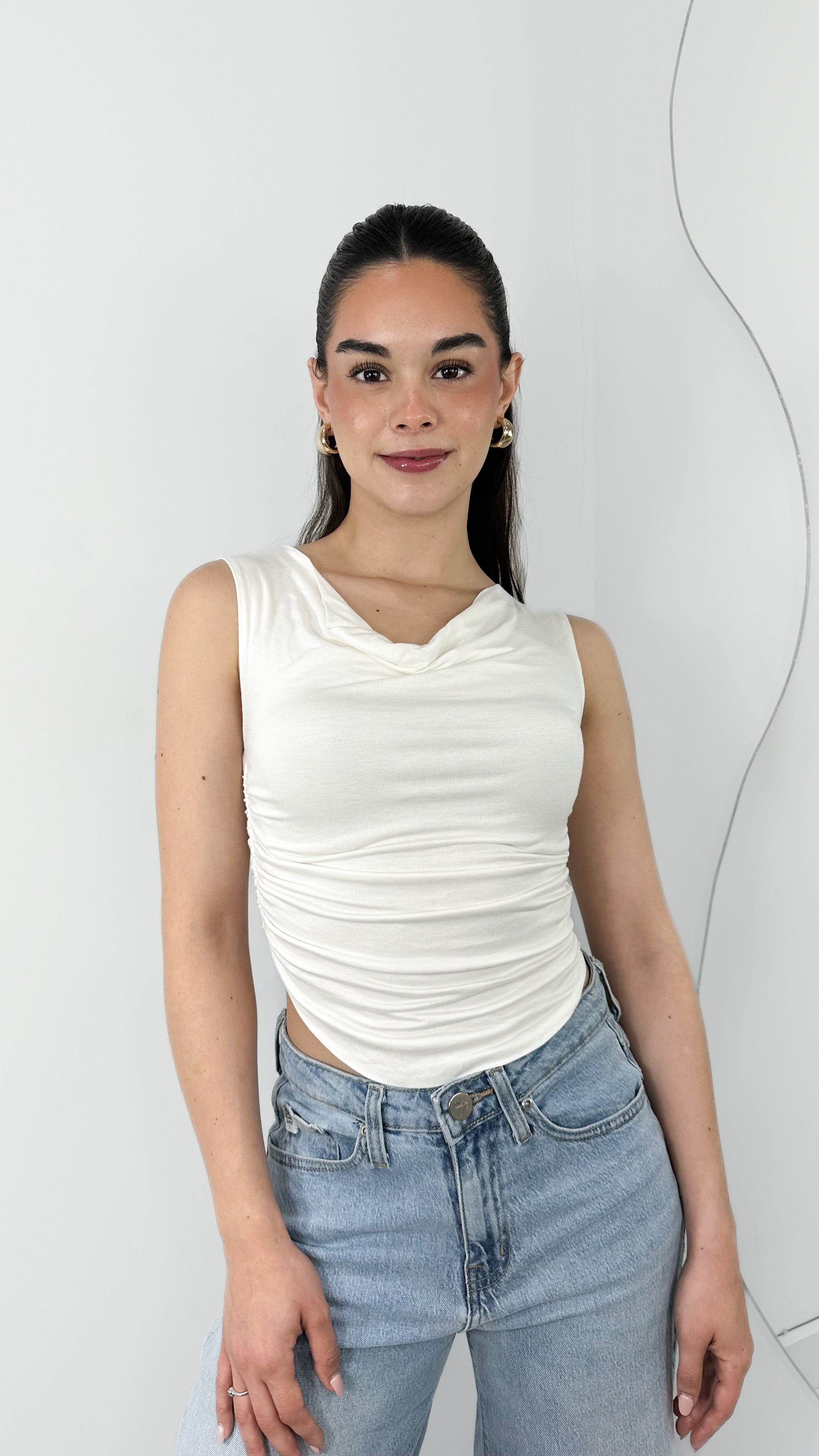 BLUSA DRAPEADA DOBLE TELA TIRANTE GRUESO BLANCA