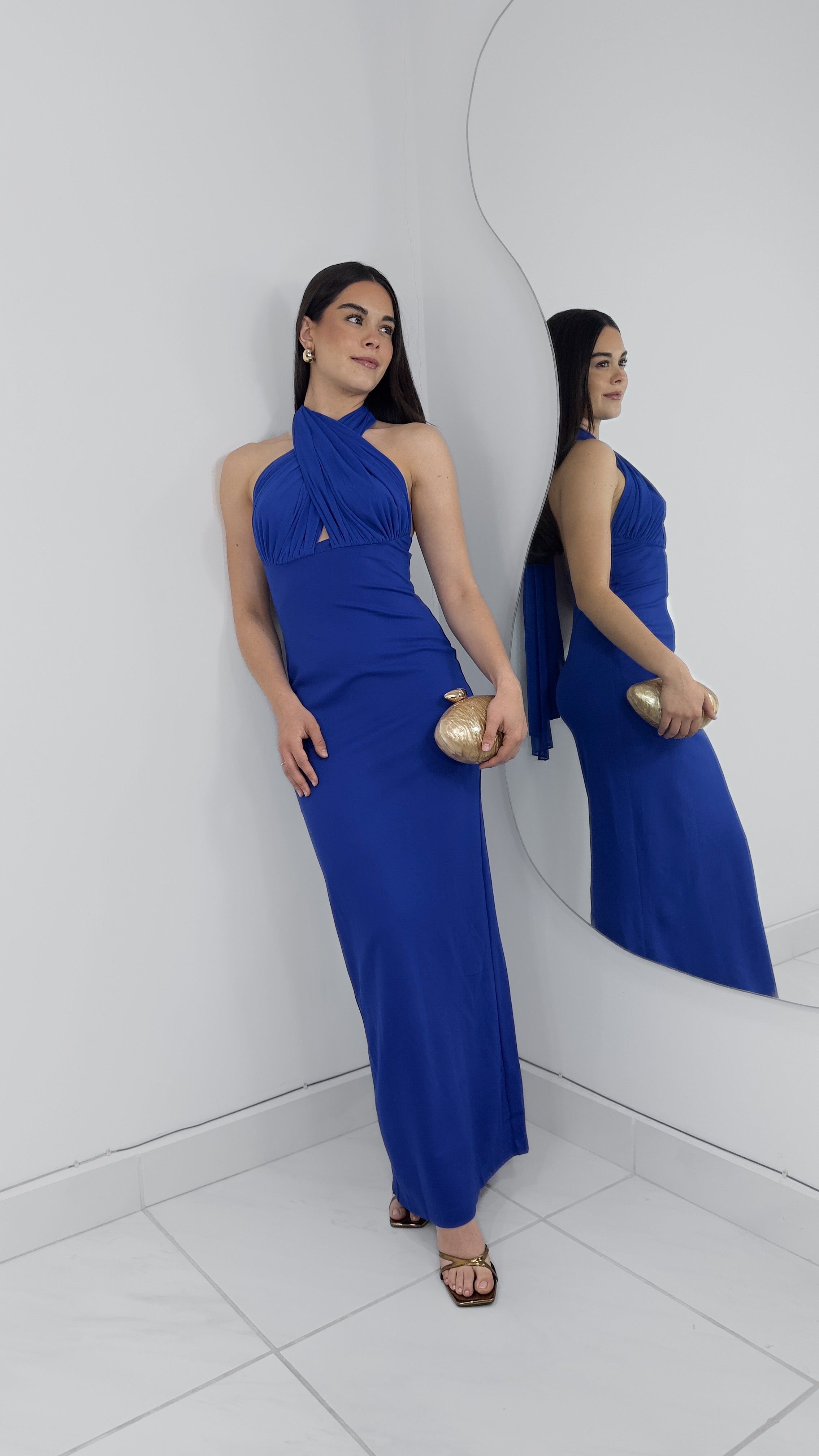 VESTIDO LARGO HALTER CRUZADO MESH AZUL ROYAL