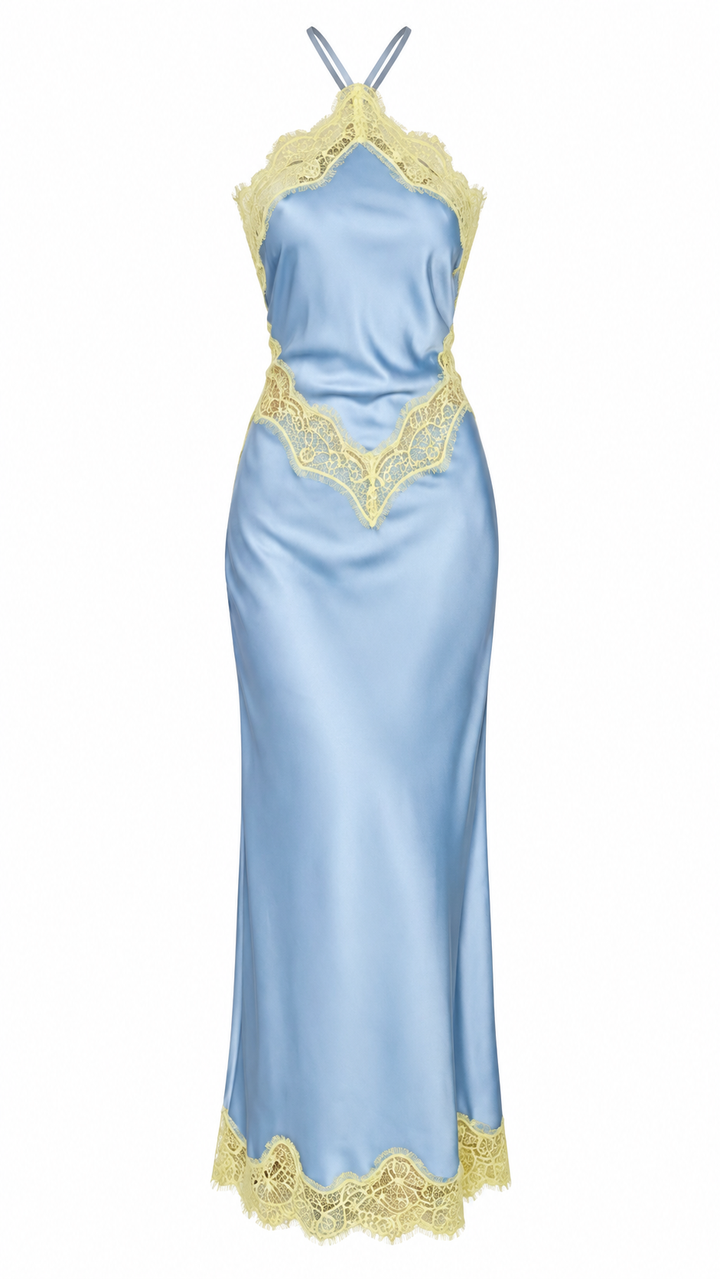 VESTIDO MAXI AZUL CIELO CON ENCAJE AMARILLO