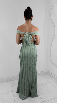 VESTIDO LARGO SIN HOMBROS VERDE MENTA TEXTURAS