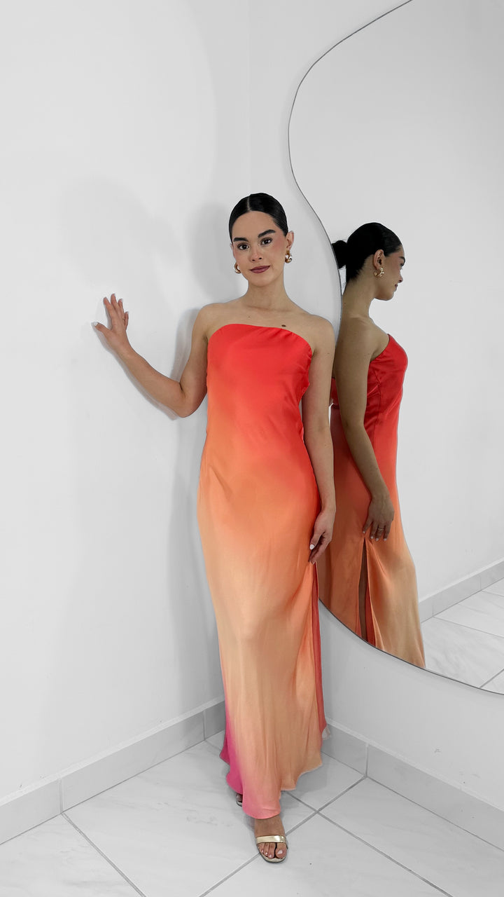 VESTIDO LARGO STRAPLESS SATIN BICOLOR NARANJA