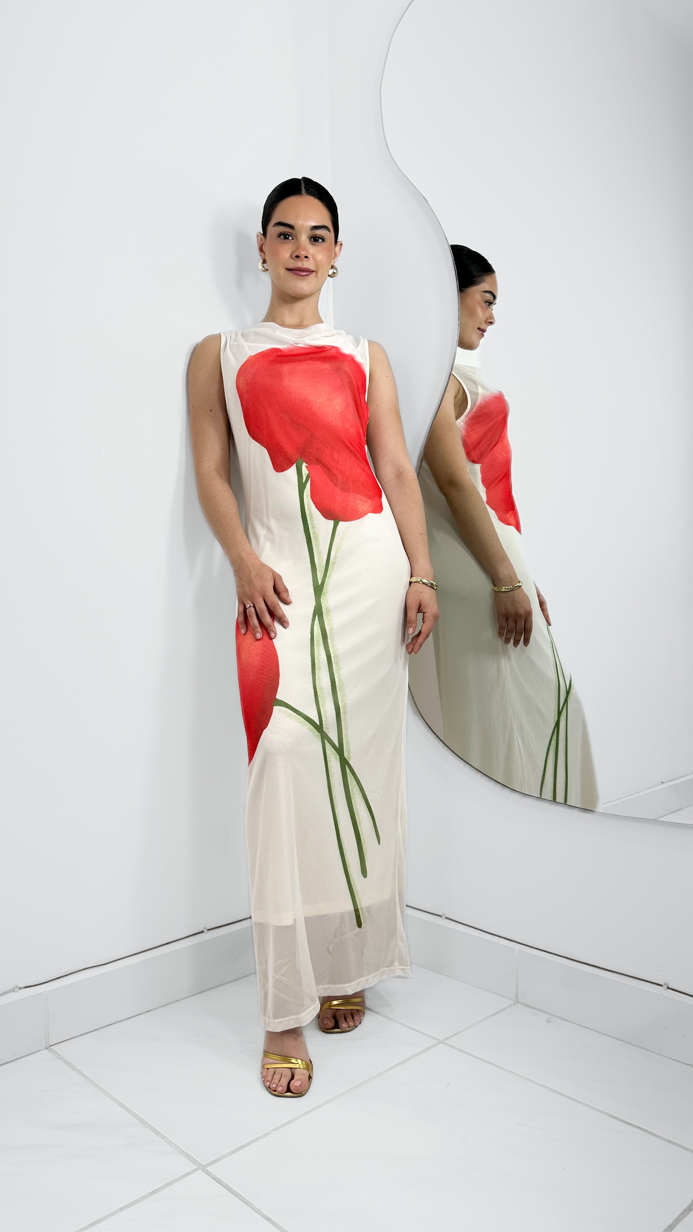VESTIDO MESH LARGO EFECTO FLOR CON FORRO IVORY