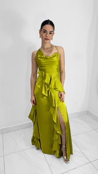 VESTIDO LARGO DE SATIN CON VOLANTES LIMA