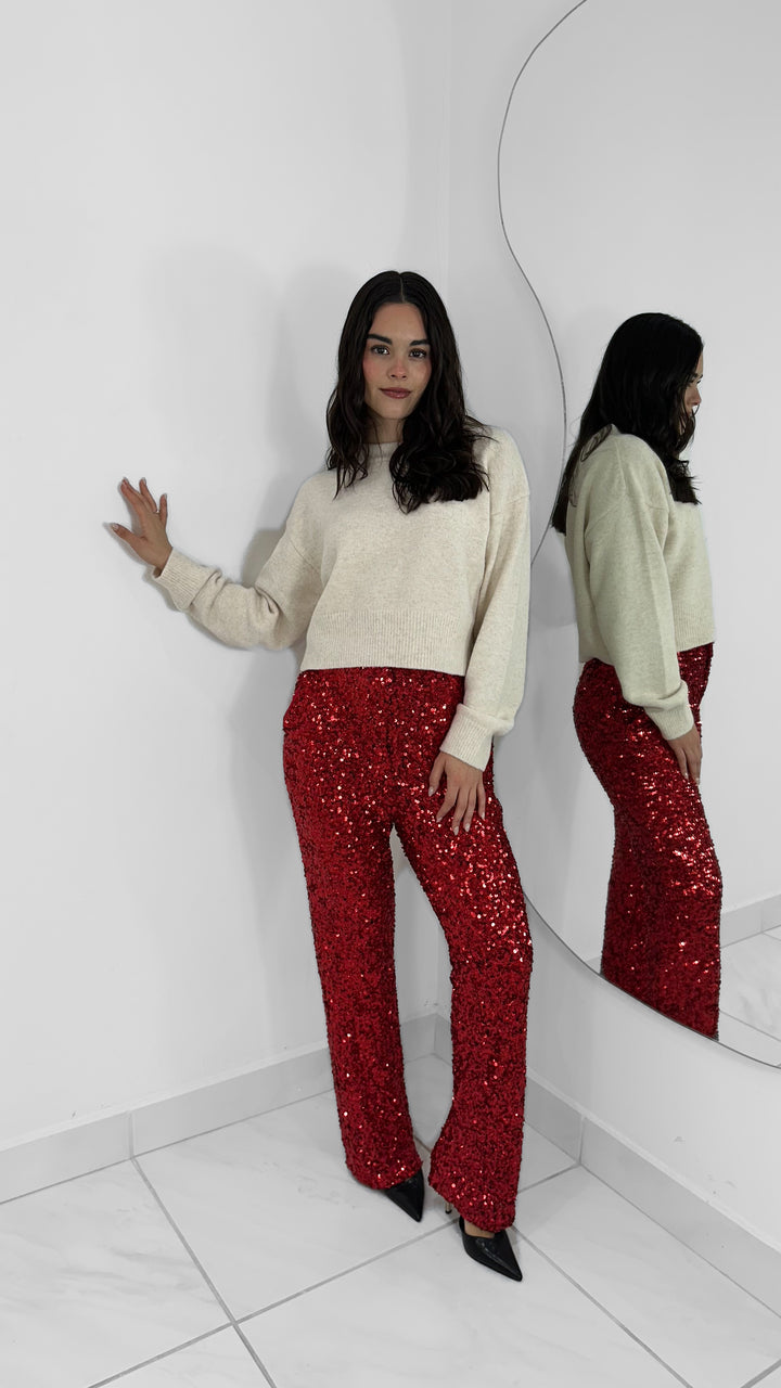 PANTALON RECTO DE LENTEJUELAS ROJO