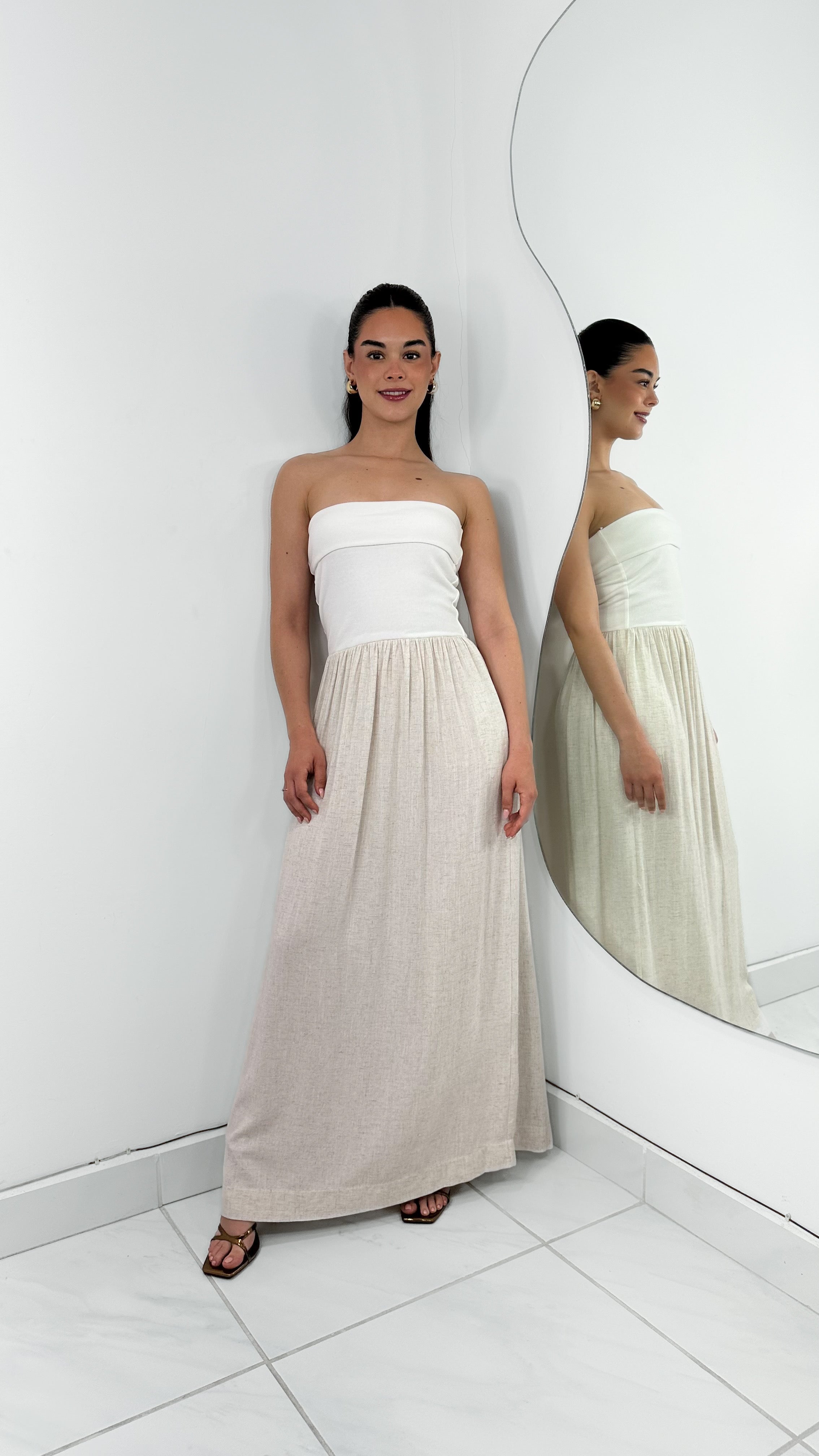 VESTIDO LARGO STRAPLESS IVORY & CREAM