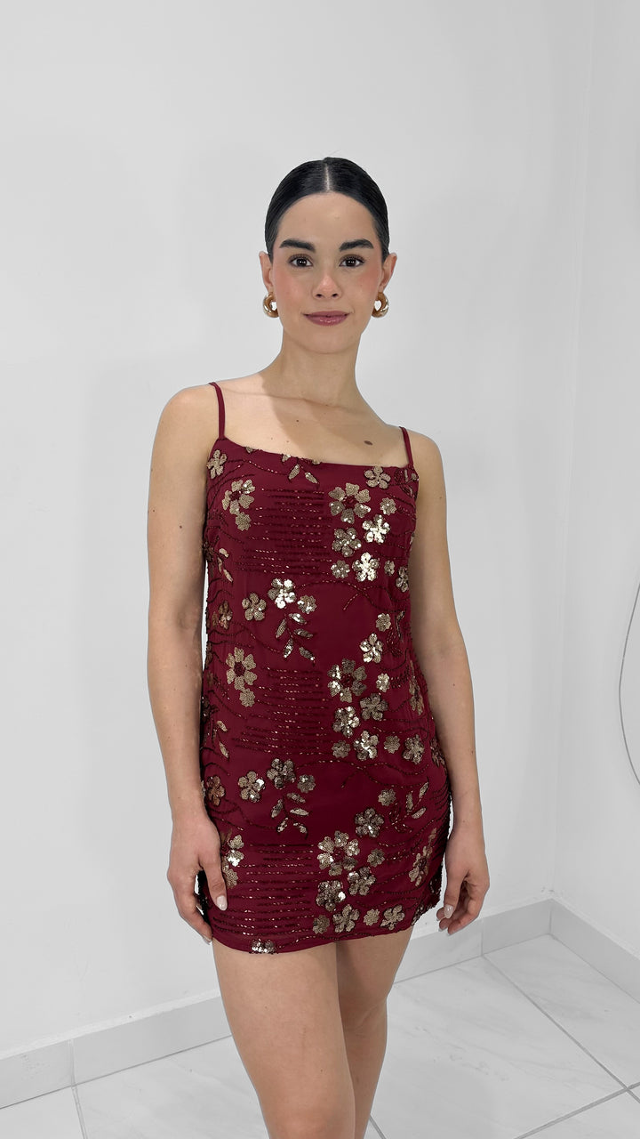 VESTIDO CORTO CON FLORES BORDADAS ROJO