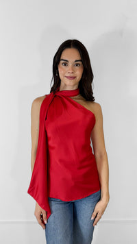BLUSA SATINADA CON BUFANDA ROJA