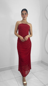 VESTIDO STRAPLESS DRAPEADO MESH LARGO ROJO