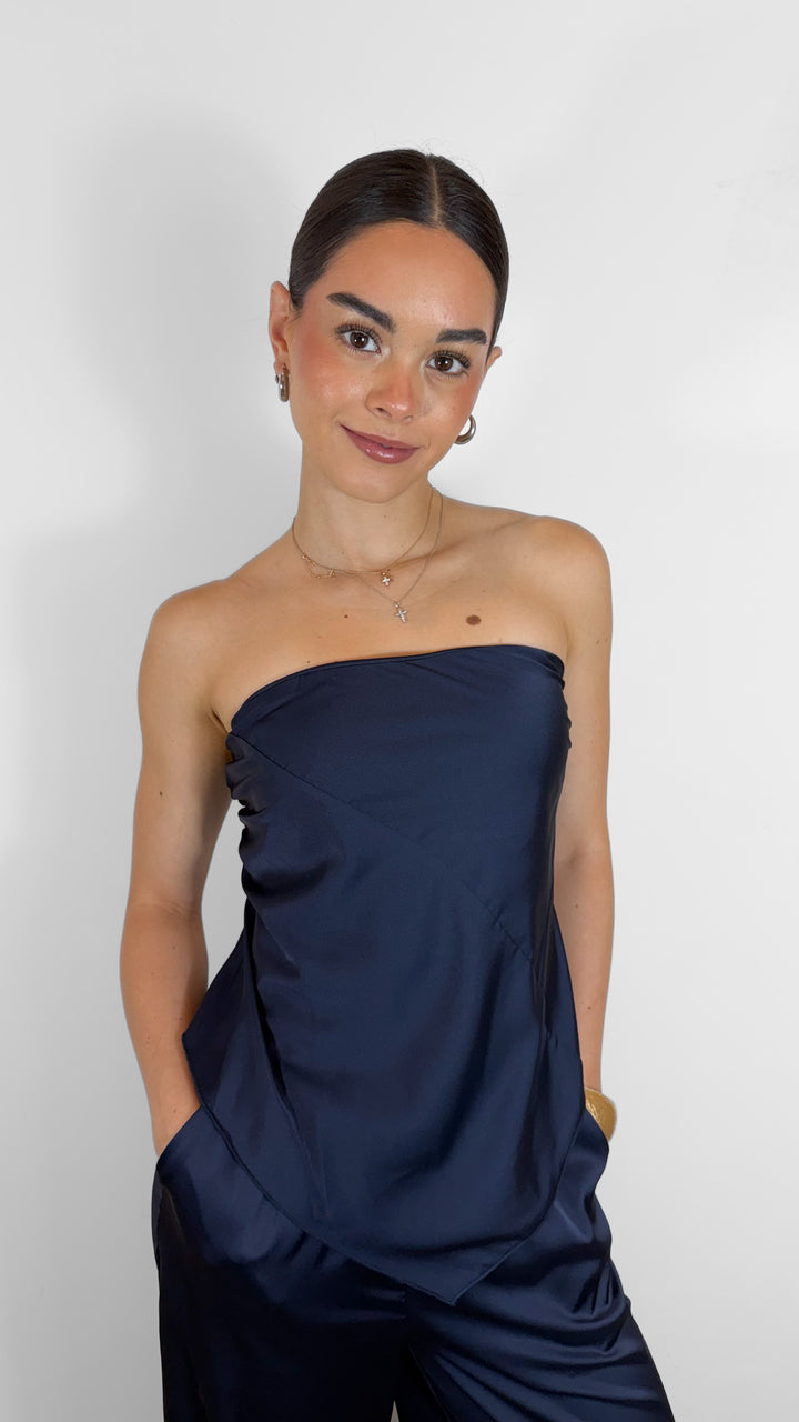 CONJUNTO B STRAPLESS DE SATIN AZUL NAVY