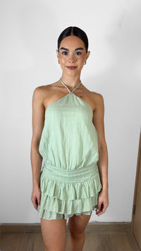 VESTIDO CORTO DE LINO CON SHORT LIGHT GREEN