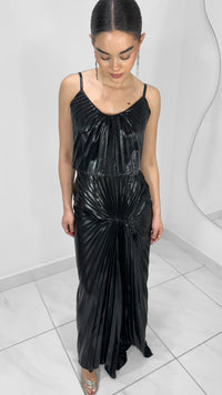 VESTIDO LARGO METALICO NEGRO PLISADO