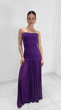 VESTIDO STRAPLESS FORMAL LARGO CON TUL ORQUÍDEA