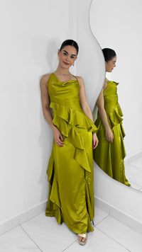 VESTIDO LARGO DE SATIN CON VOLANTES LIMA