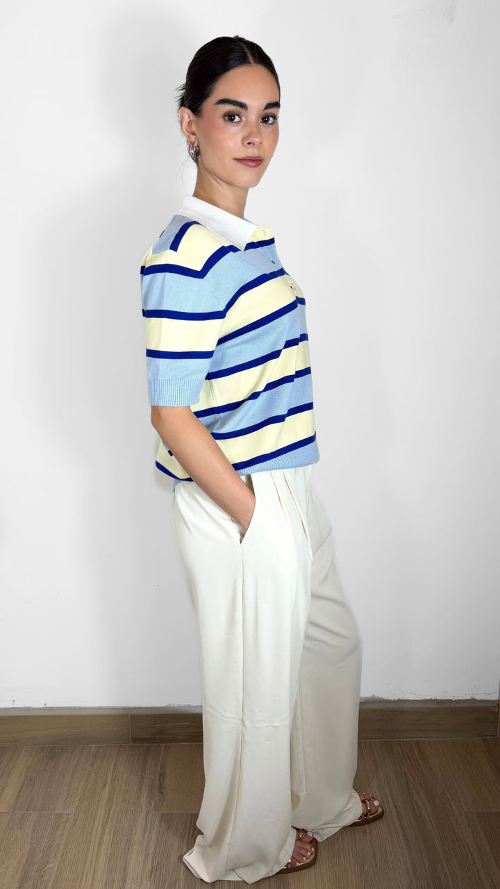 T-SHIRT STRIPPED CUELLO V AZUL
