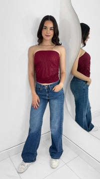 BLUSA MESH DRAPEADA STRAPLESS ROJA