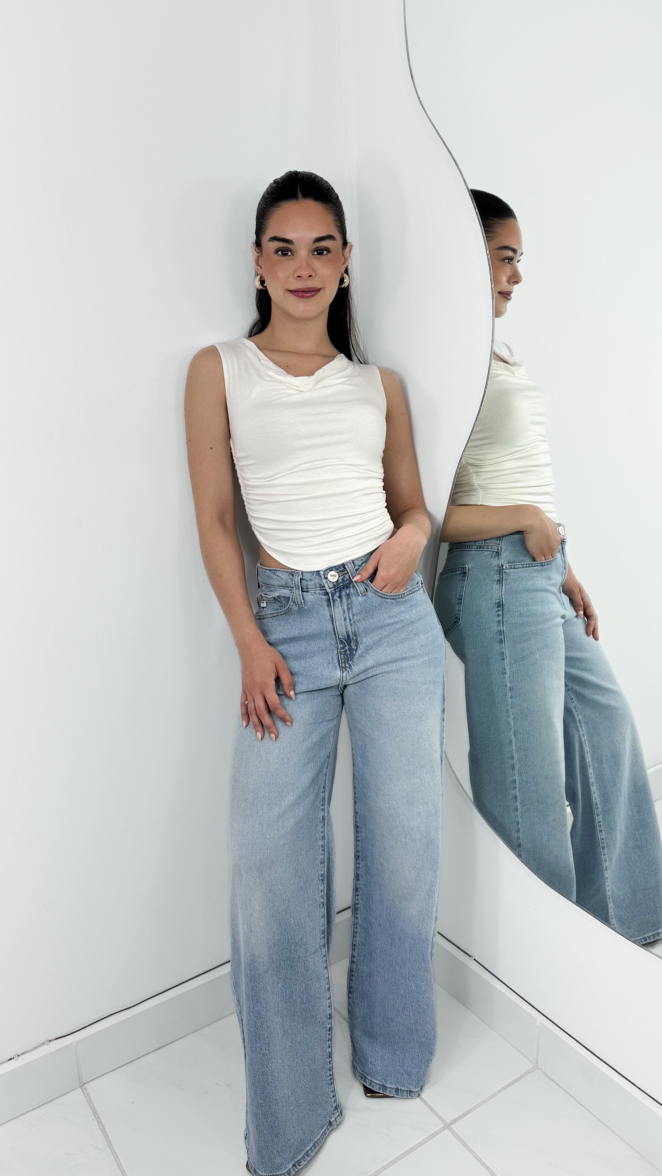 BLUSA DRAPEADA DOBLE TELA TIRANTE GRUESO BLANCA