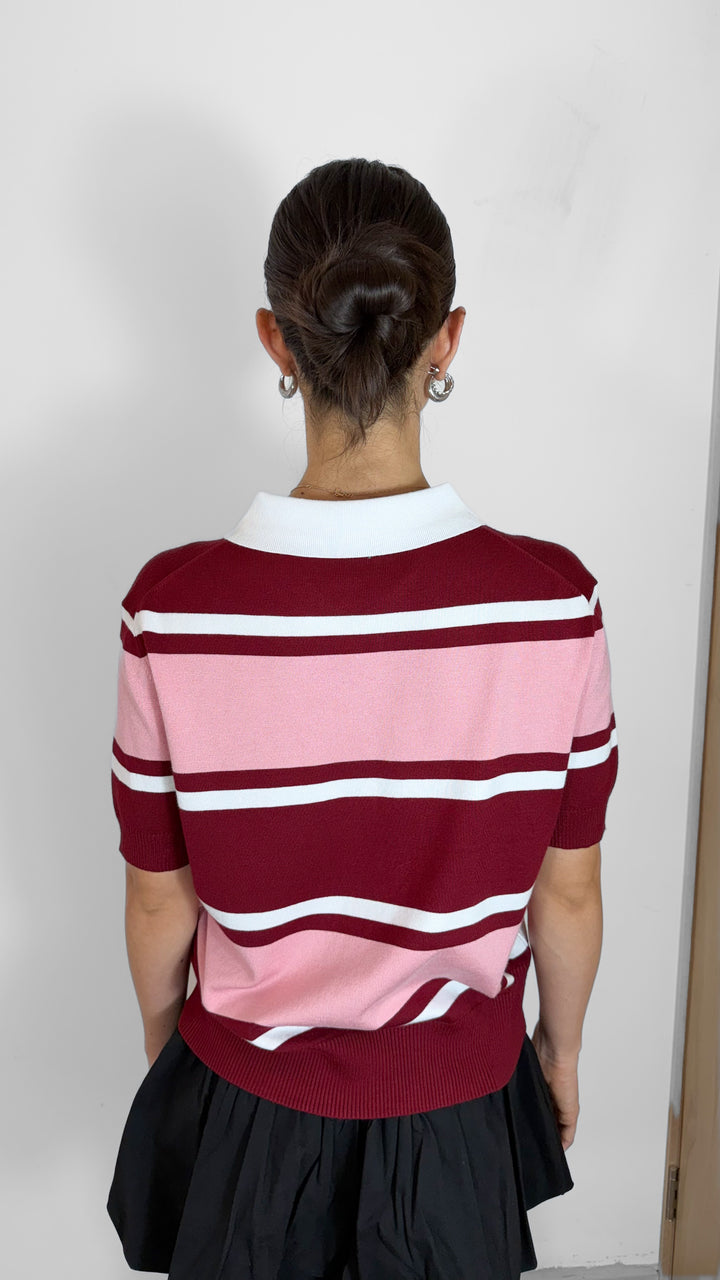 T-SHIRT STRIPPED CUELLO V ROSA