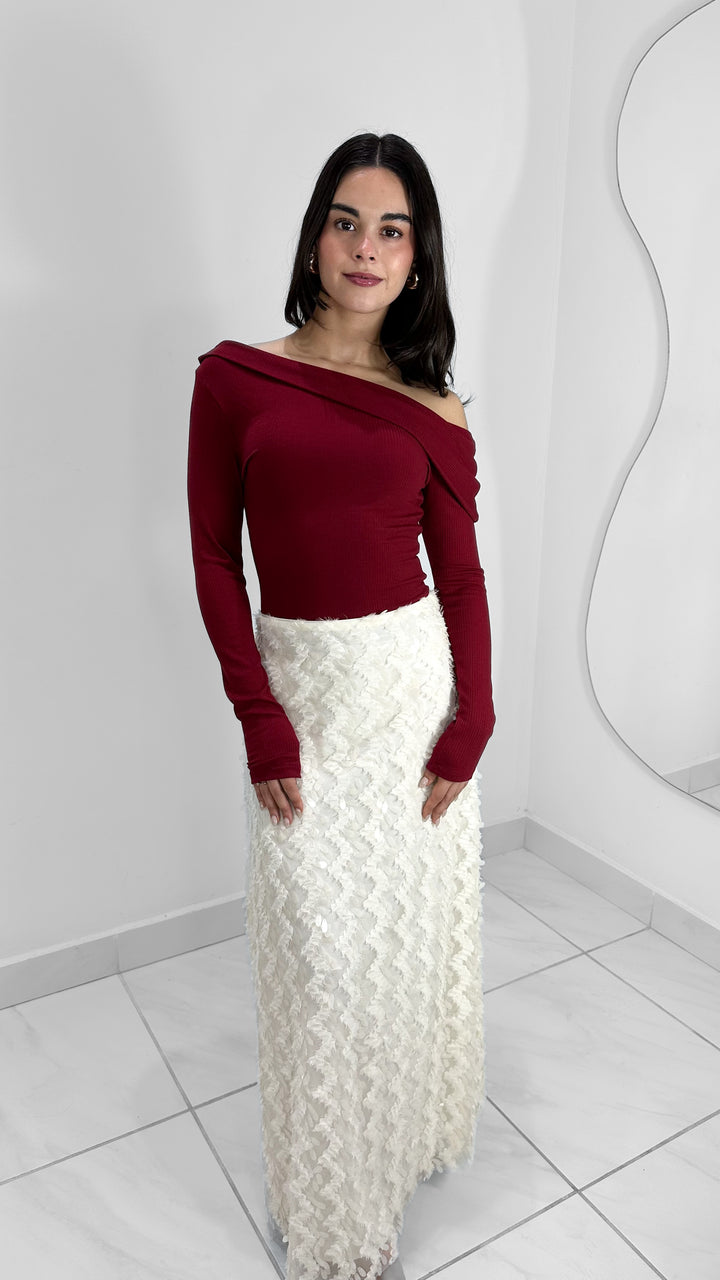 FALDA MAXI BLANCO MARFIL DETALLE LENTEJUELA