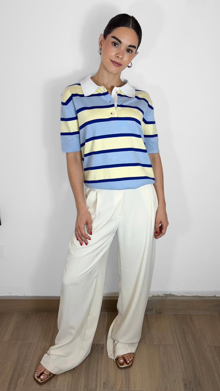 T-SHIRT STRIPPED CUELLO V AZUL
