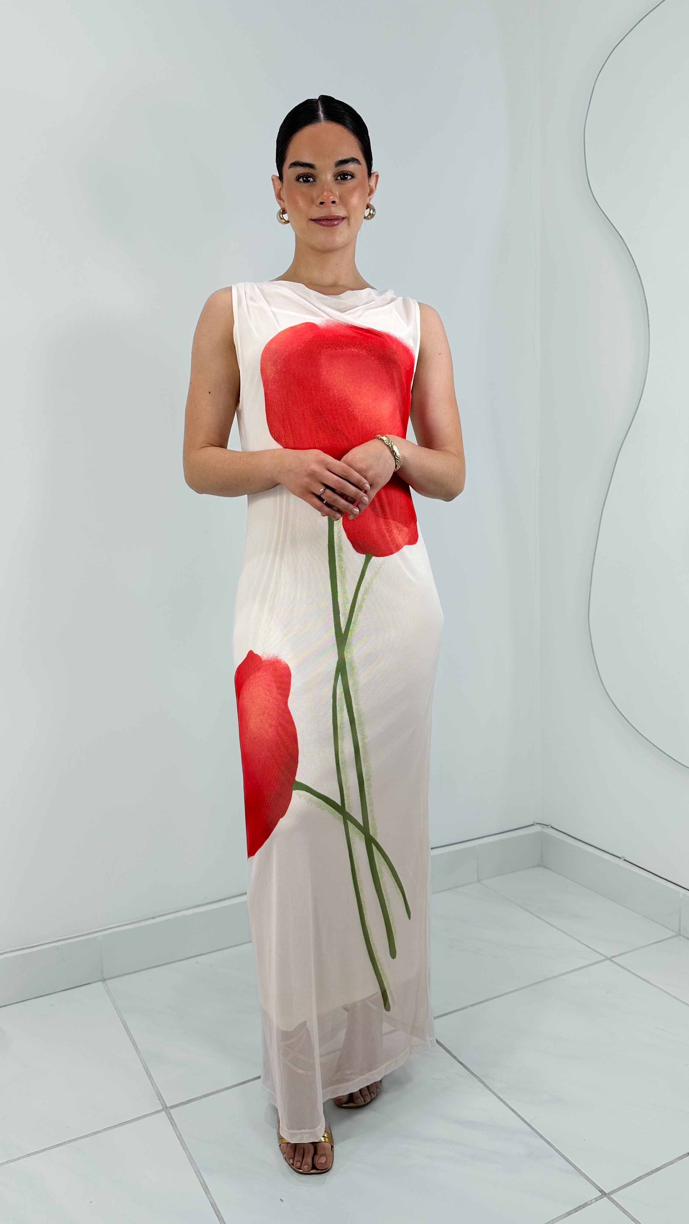 VESTIDO MESH LARGO EFECTO FLOR CON FORRO IVORY