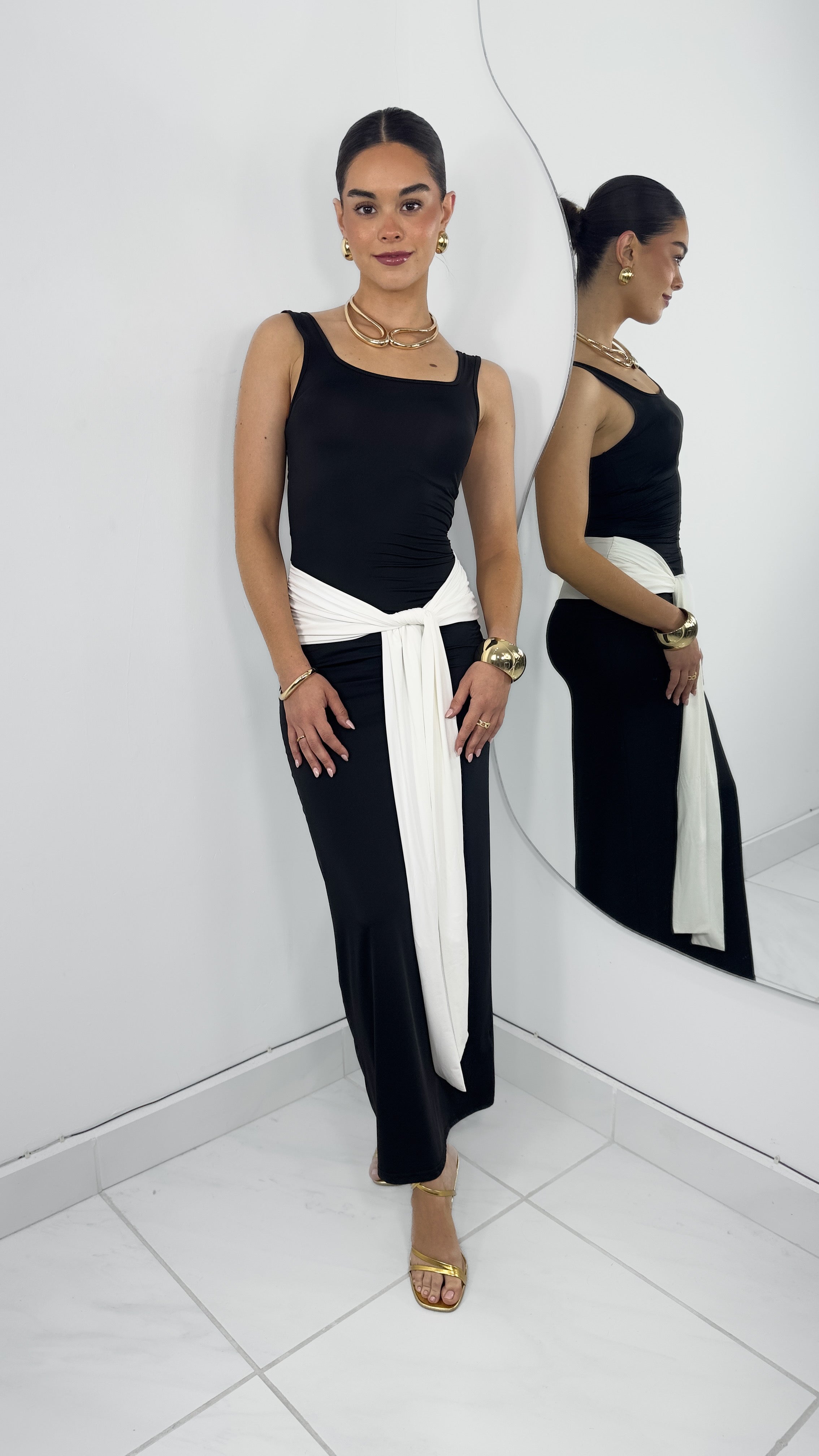 VESTIDO LARGO ELEGANTE LAZO CINTURA BLACK & WHITE