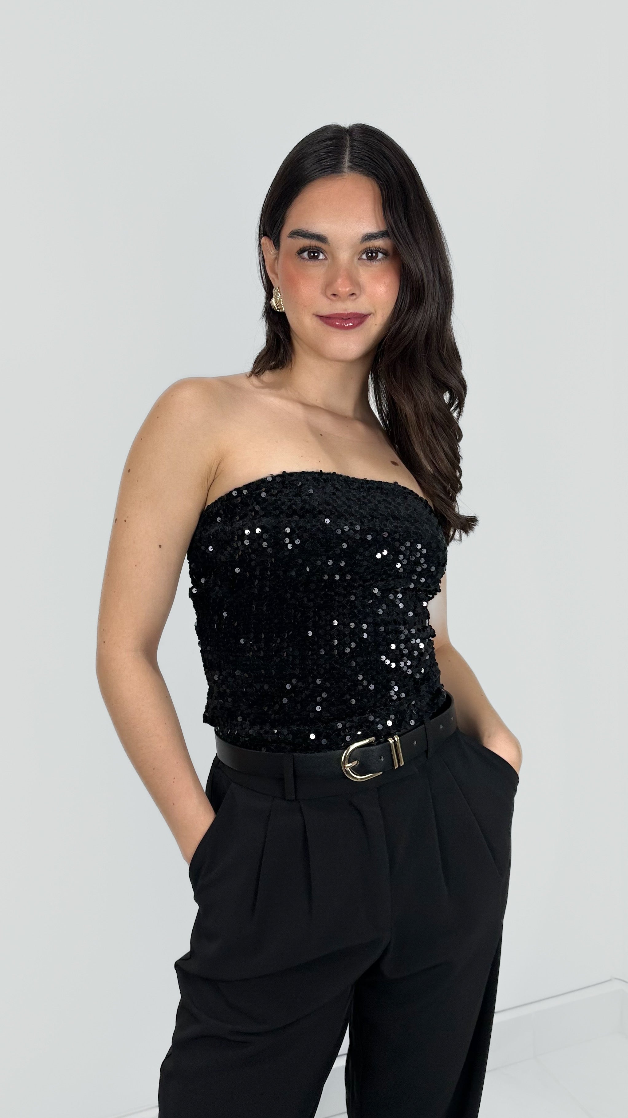 BLUSA STRAPLESS BLACK SEQUIN