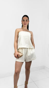 BLUSA STRAPLESS DE LINO IVORY SIN ESPALDA