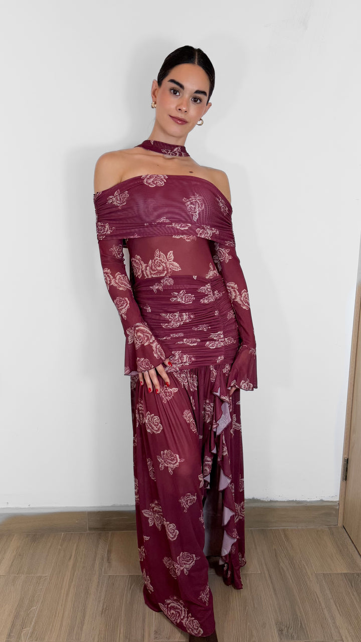 VESTIDO MAXI RED WINE MANGA LARGA