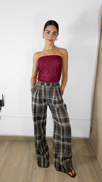 PANTALÓN FORMAL WIDE LEG DE CUADROS CAFÉ