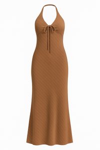VESTIDO HALTER DE LINO RAYADO MOCHA