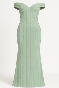 VESTIDO LARGO SIN HOMBROS VERDE MENTA TEXTURAS