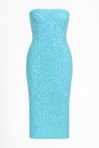 VESTIDO MIDI STRAPLESS LENTEJUELA AZUL CLARITO