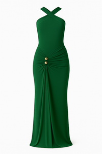VESTIDO LARGO HALTER CRUZADO CON DETALLES DORADOS VERDE