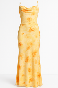 VESTIDO LARGO DRAPEADO MESH NARANJA FLOREADO