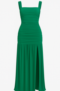 VESTIDO LARGO DOBLE TELA DRAPEADO TIRANTES VERDE