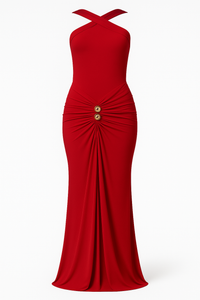 VESTIDO LARGO HALTER CRUZADO CON DETALLES DORADOS ROJO