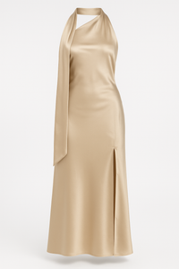 VESTIDO LARGO SATINADO SIN ESPALDA BEIGE