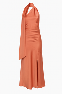 VESTIDO MIDI SATINADO SIN ESPALDA ROSA