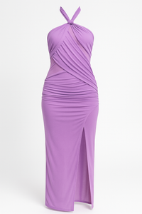 VESTIDO MIDI HALTER MESH DRAPEADO LAVANDA