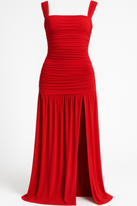 VESTIDO LARGO DOBLE TELA DRAPEADO TIRANTES ROJO