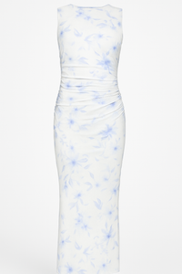 VESTIDO LARGO DRAPEADO BLANCO CON FLORES AZULES