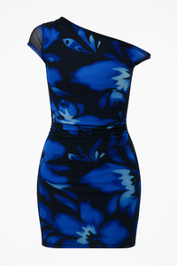 VESTIDO CORTO MESH DE UN HOMBRO NEGRO CON AZUL