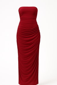 VESTIDO STRAPLESS DRAPEADO MESH LARGO ROJO