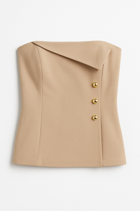 TOP TAUPE STRAPLESS LISO CON DETALLE DE PLIEGUE Y BOTONES DORADOS