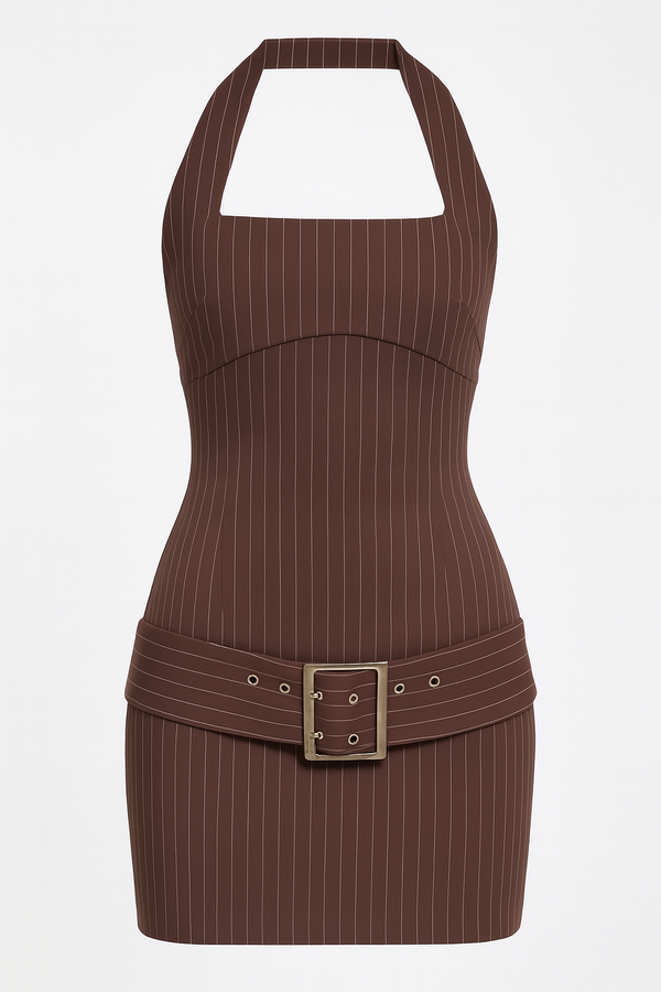 VESTIDO CORTO HALTER CON CINTURON Y RAYAS ESPRESSO