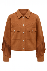 CHAQUETA CROP SUEDE ESTILO WESTERN CON FLECOS CAFE