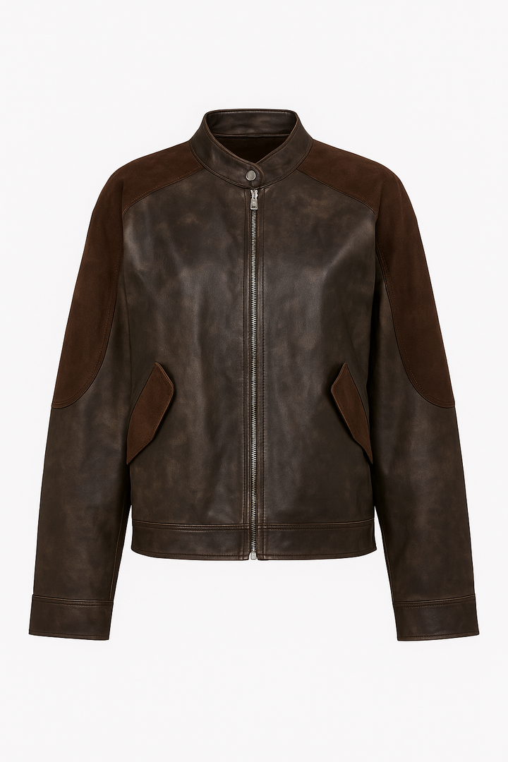 CHAQUETA DE PIEL CAFE CON DETALLES SUEDE