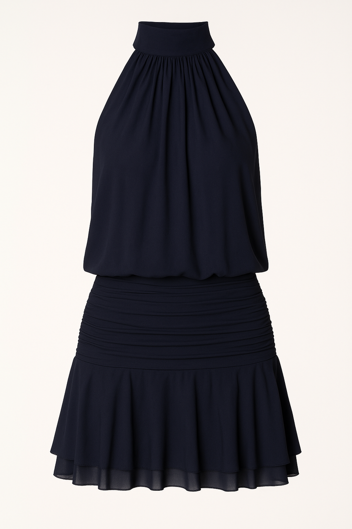 VESTIDO CORTO HALTER DRAPEADO NAVY